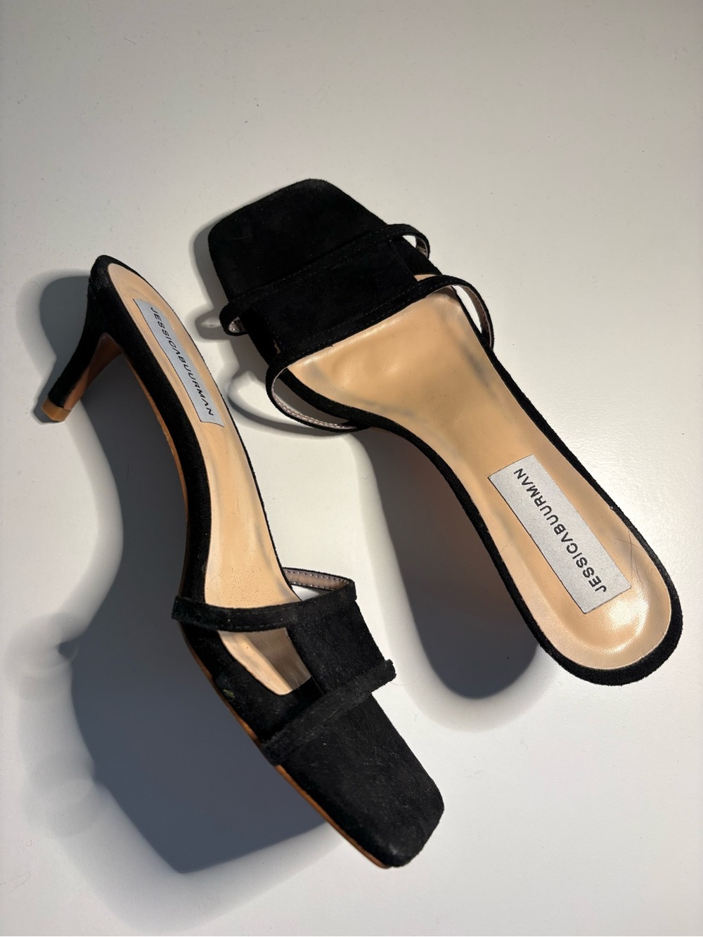 Unique Black Suede Square-Toe Heeled Sandals